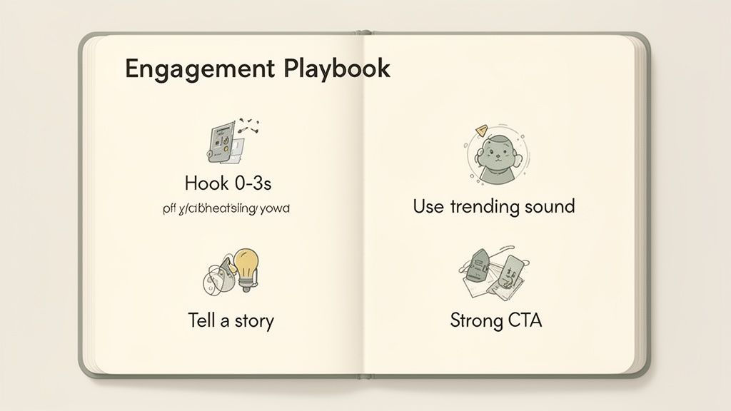 Open notebook showing an 'Engagement Playbook' with tips: Hook 0-3s, trending sound, tell a story, strong CTA.
