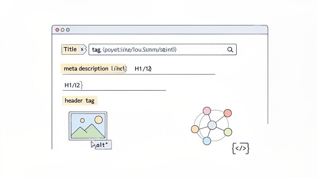 Interface showing web content fields like title, meta description, header tag, image alt text, and content structure elements.