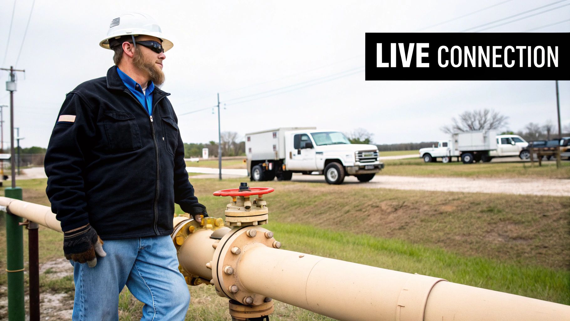 A utility worker in a hard hat and safety glasses stands next to a large industrial pipeline with a valve.