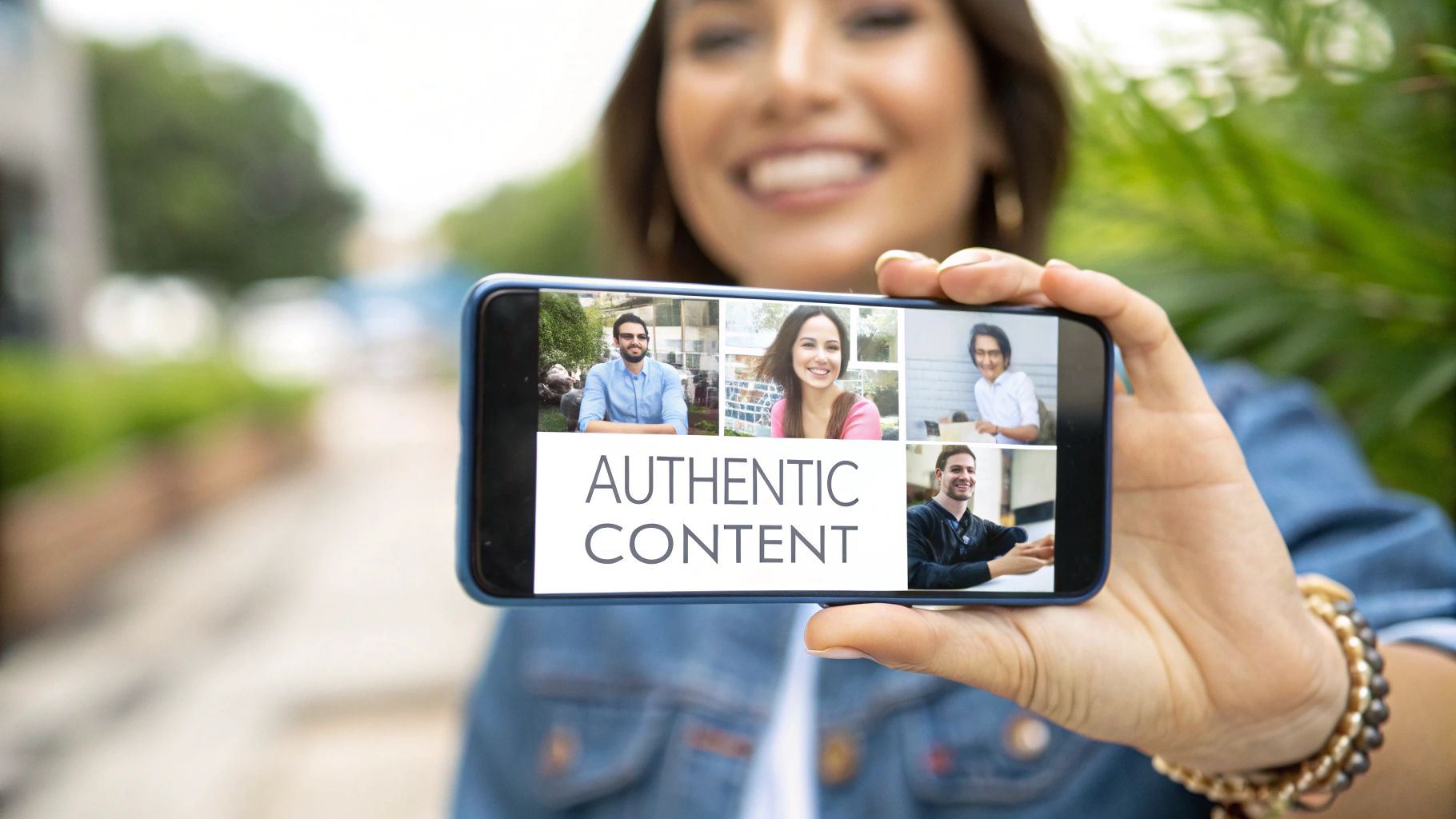 Smiling woman taking a selfie with a product, representing authentic user-generated content from a brand ambassador.