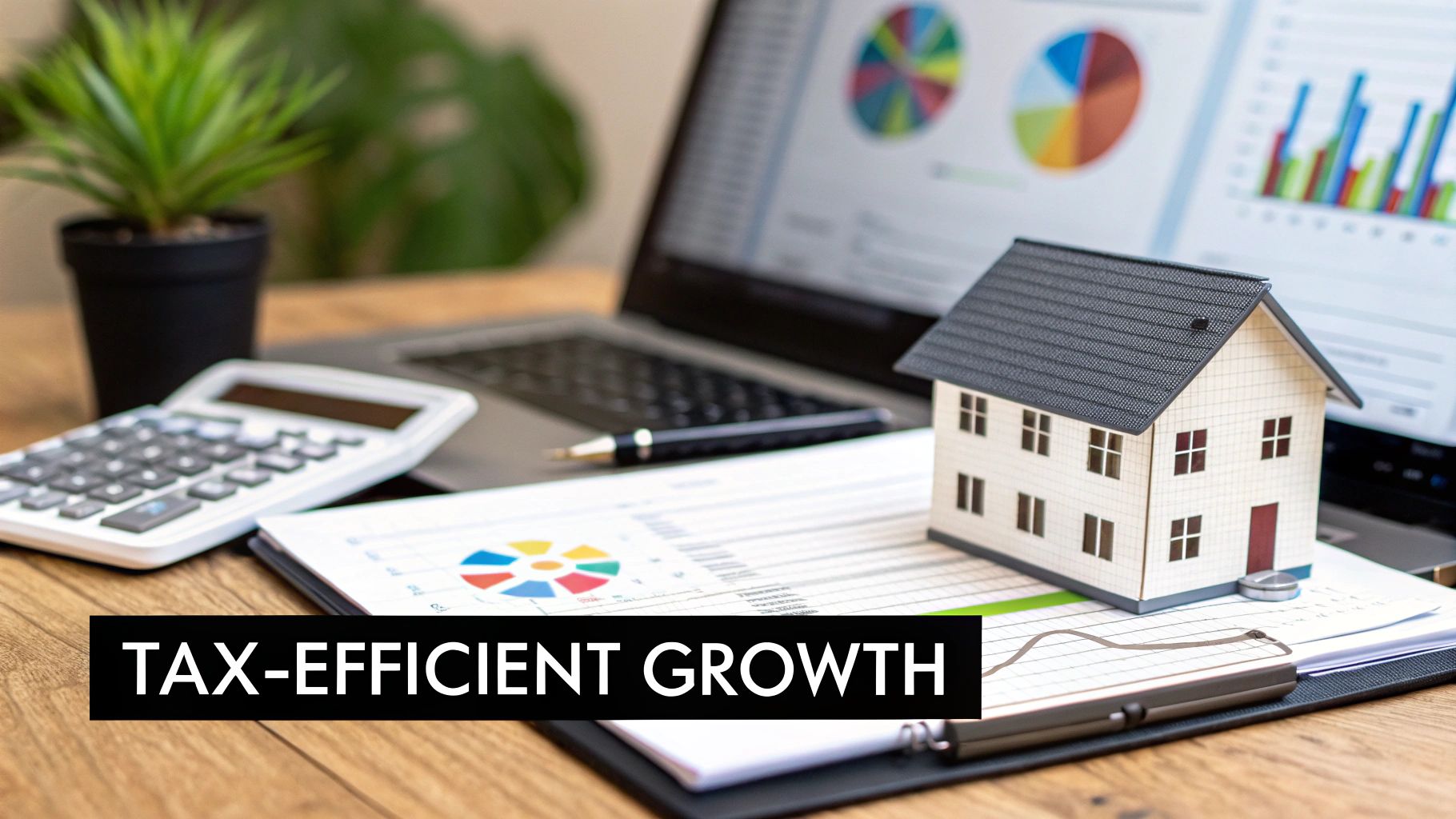 A desk with a calculator, laptop showing charts, a model house, and a pen for tax-efficient financial growth.