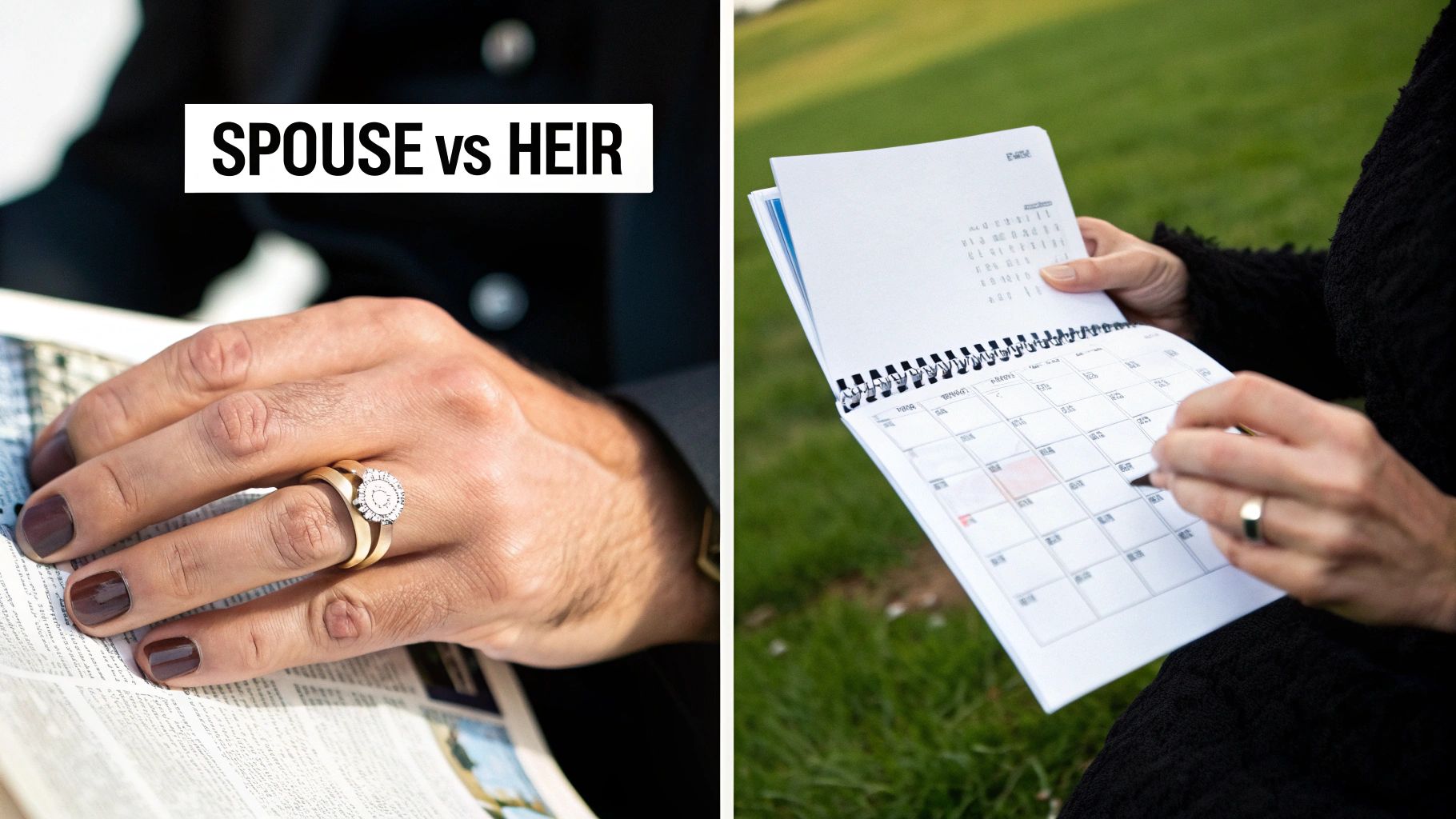 Hands with rings and nail polish, reading a document and marking a calendar, discussing spouse vs. heir.