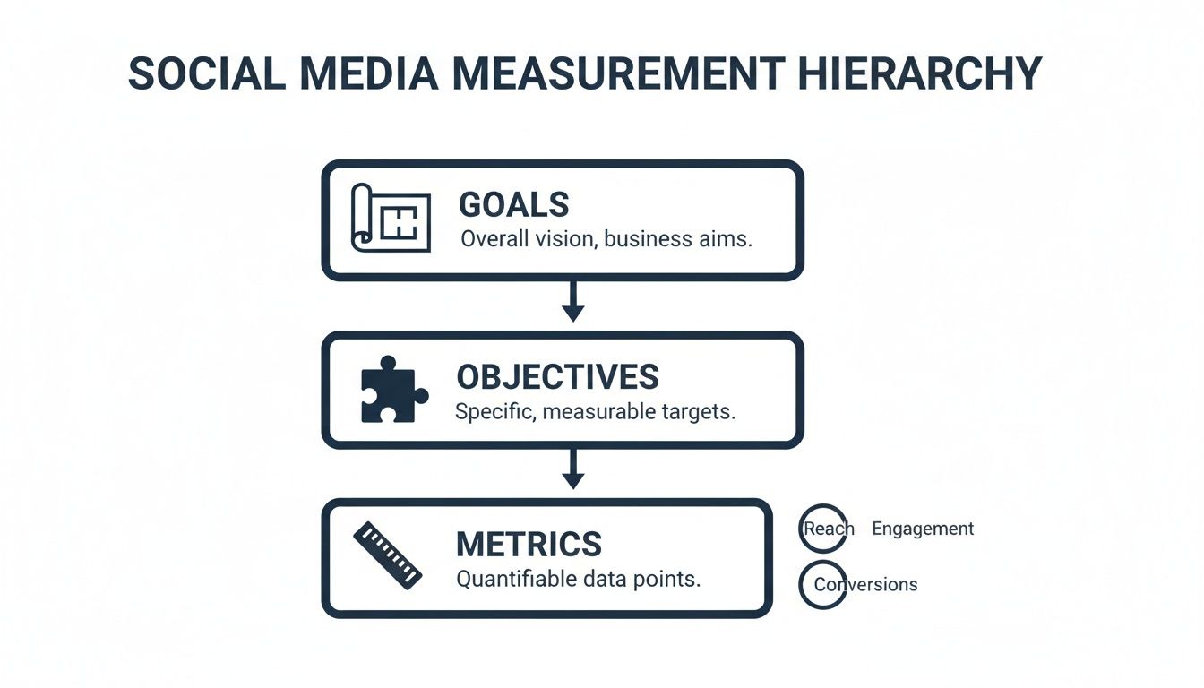 A social media measurement hierarchy flowchart showing goals, objectives, and metrics including reach, engagement, and conversions.