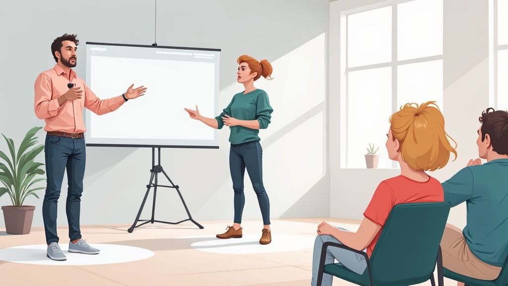 A founder confidently delivering a presentation to a room of engaged investors.