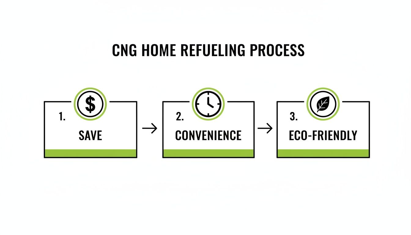 A diagram illustrating the CNG home refueling process, highlighting save, convenience, and eco-friendly benefits.