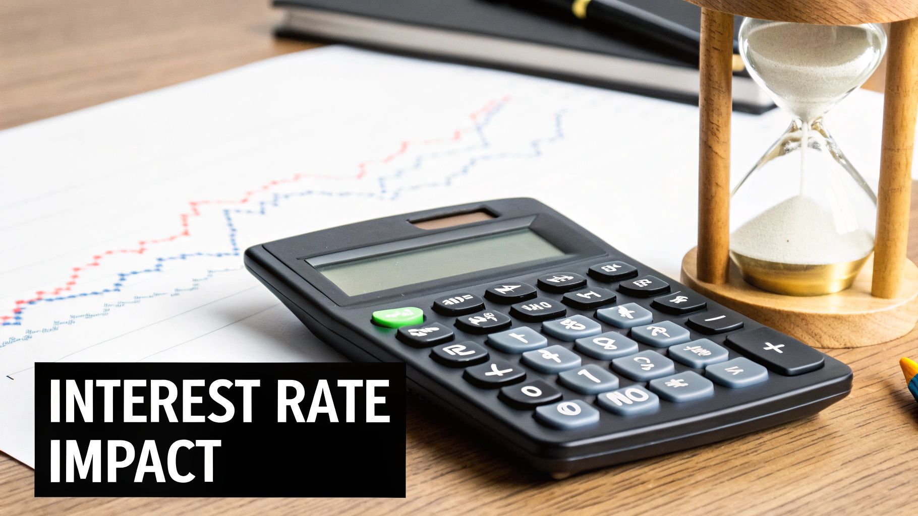 A calculator and hourglass on a desk with a graph, illustrating the impact of interest rates.