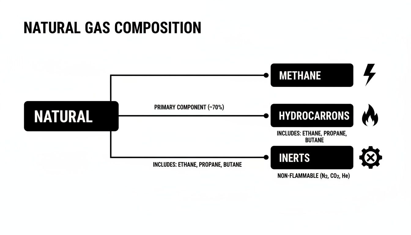 Flowchart illustrating the composition of natural gas, detailing methane, hydrocarbons, and inert components.