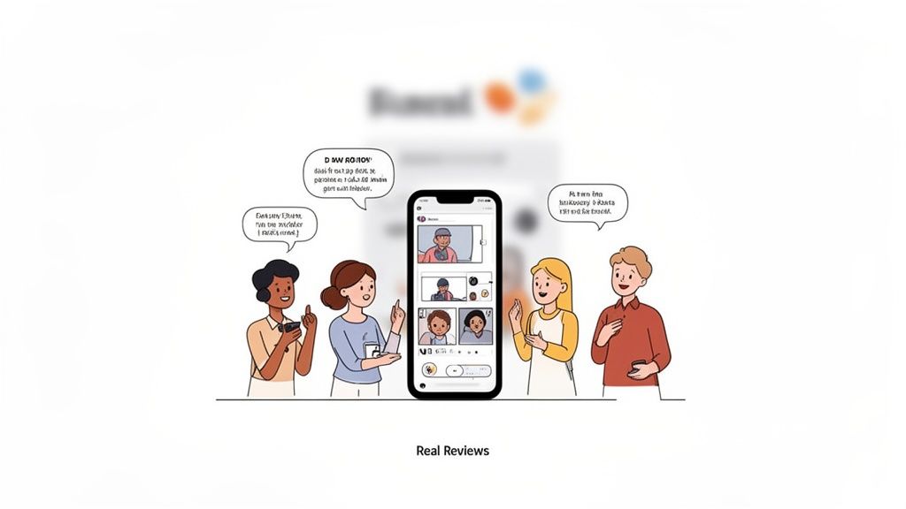 Cartoon people discussing a smartphone video call displaying user-generated content and real reviews.