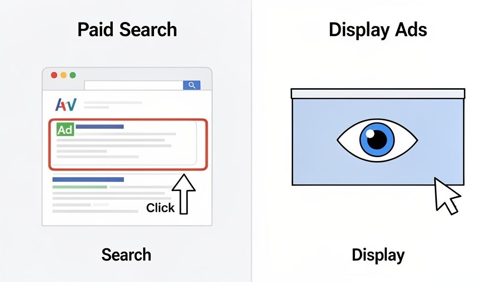 A visual comparison showing how to determine what is a good click through rate for paid search ads versus graphic display ads online.