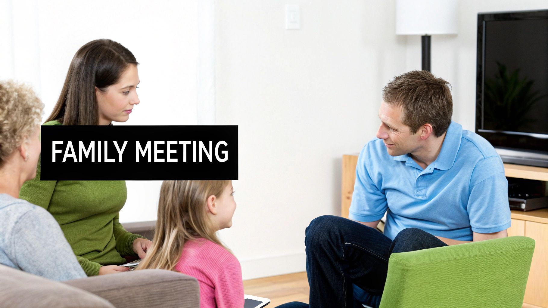 A family meeting with four members, including adults and a child, discussing in their living room.