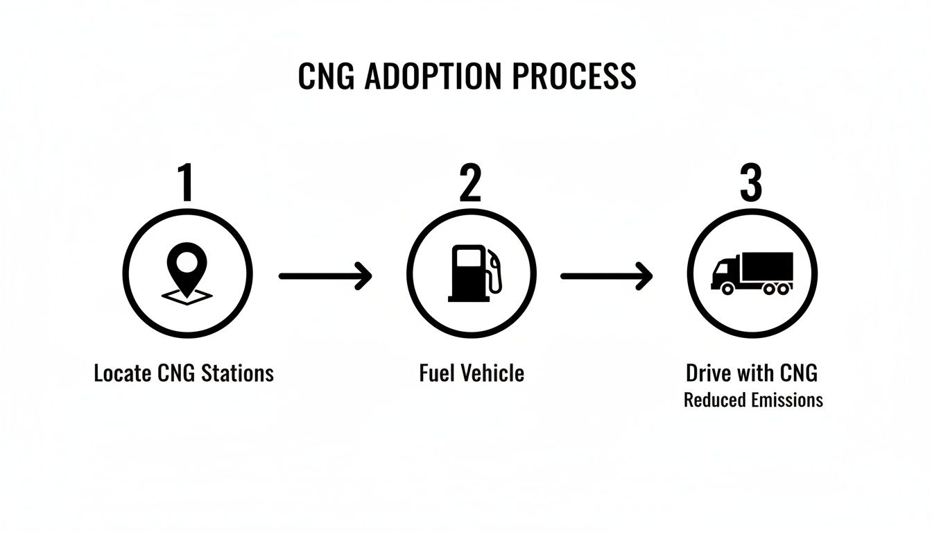 A diagram illustrates the 3-step CNG adoption process: locating stations, fueling vehicles, and driving with reduced emissions.