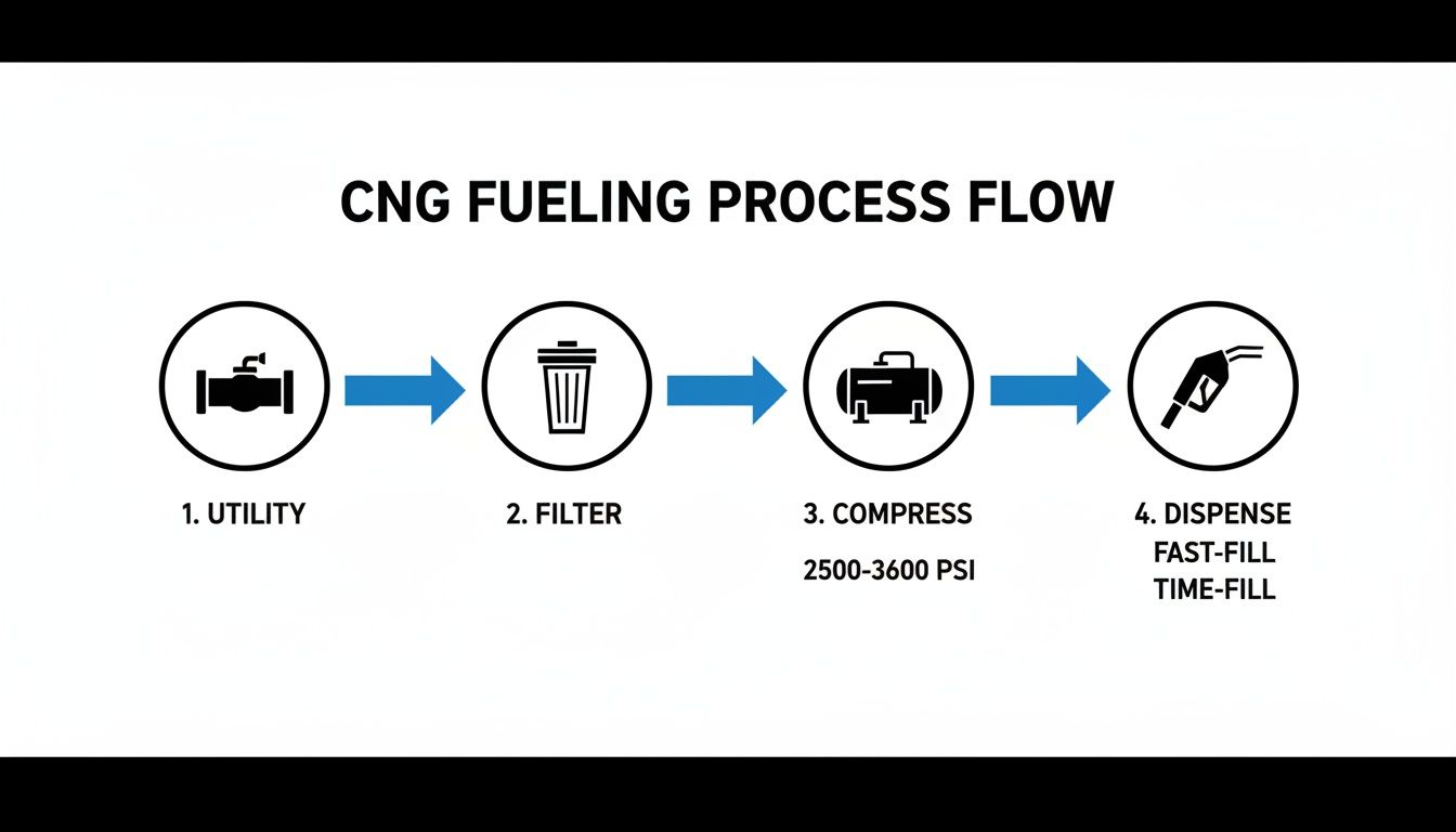 Diagram illustrating the four-step CNG fueling process flow: utility, filter, compress, and dispense.