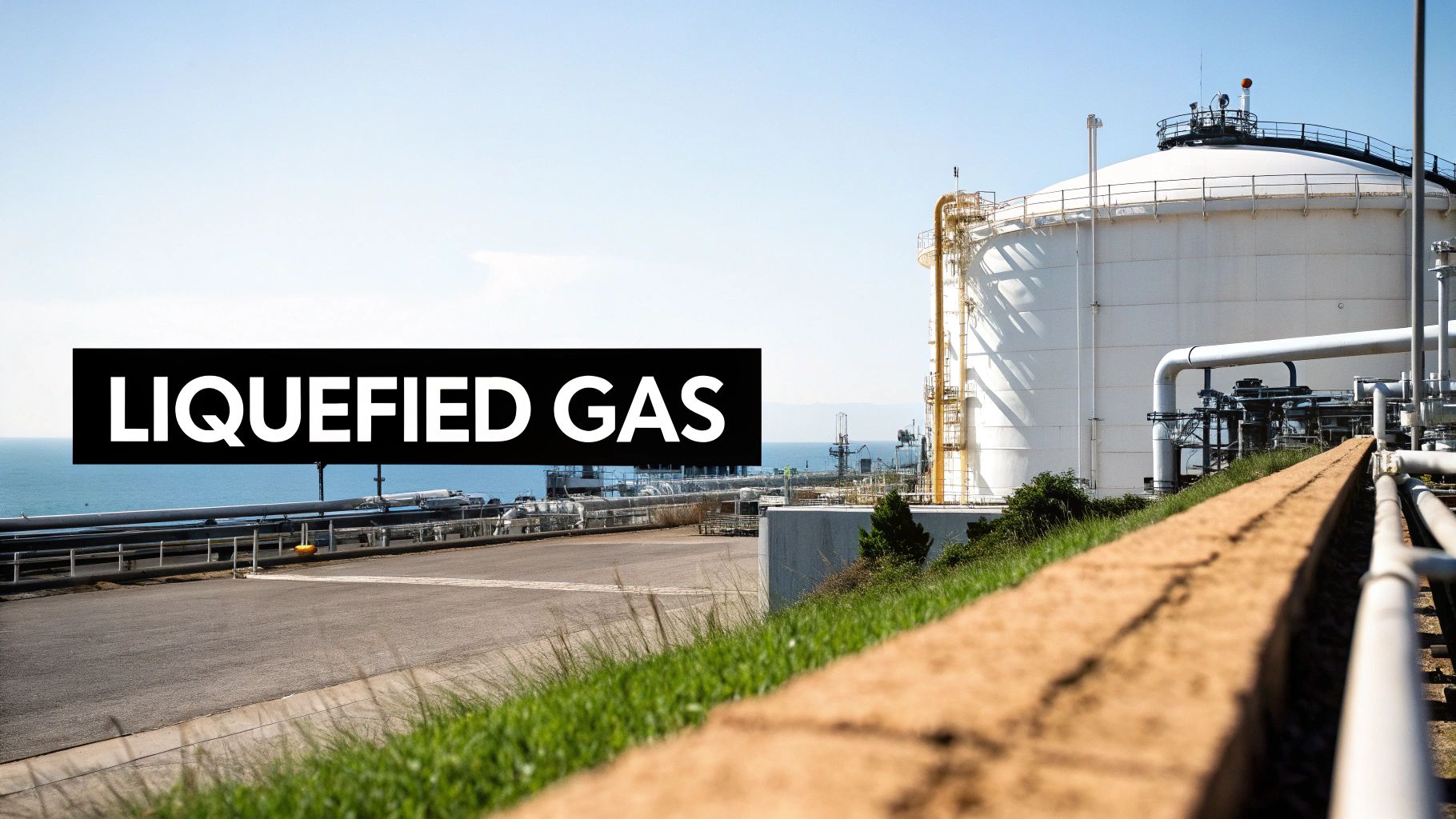A large white liquefied gas storage tank and pipelines at an industrial facility near the ocean.
