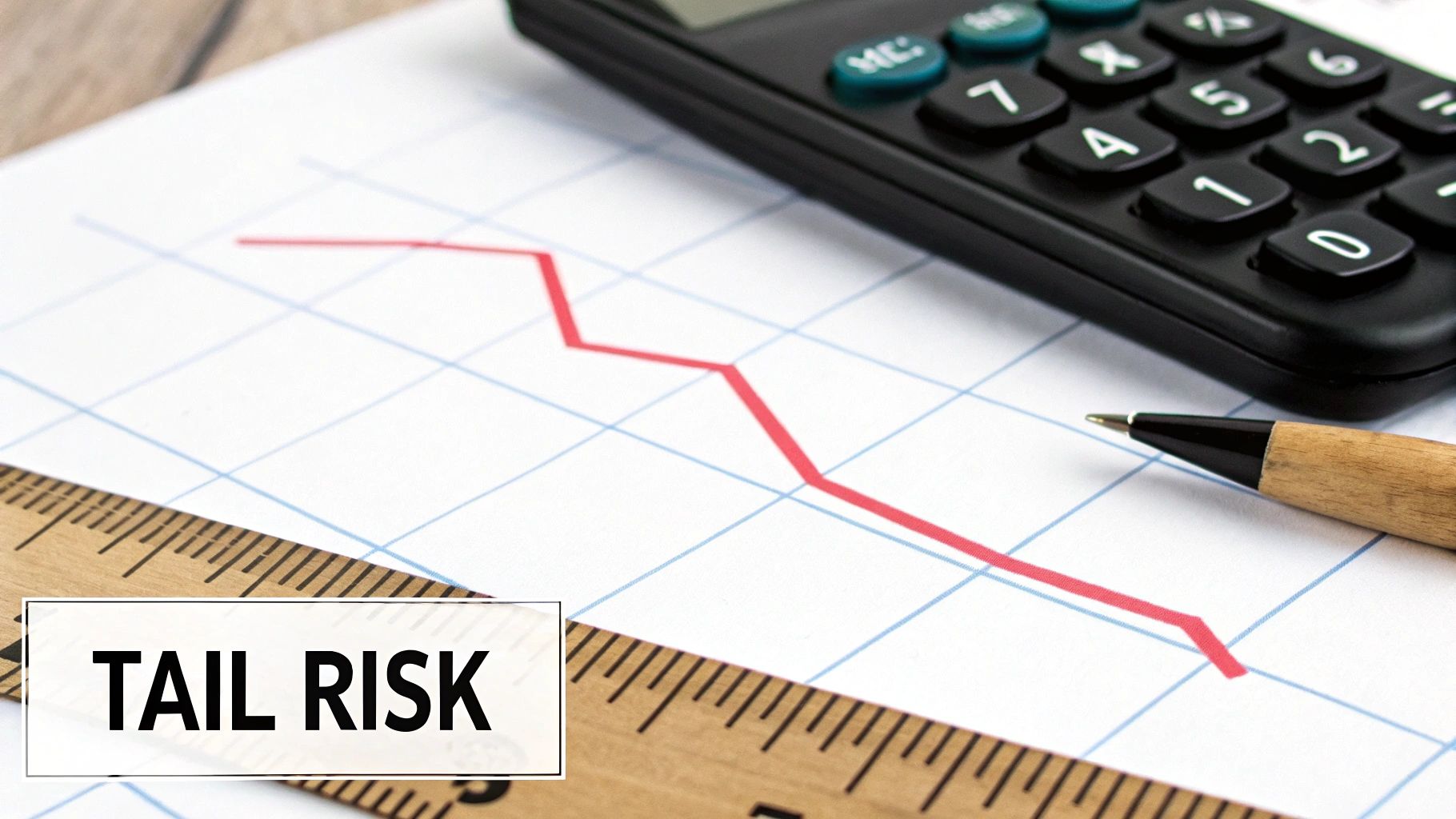 A red line showing a downward trend on graph paper, with a calculator, pen, and ruler. Text reads 'TAIL RISK'.