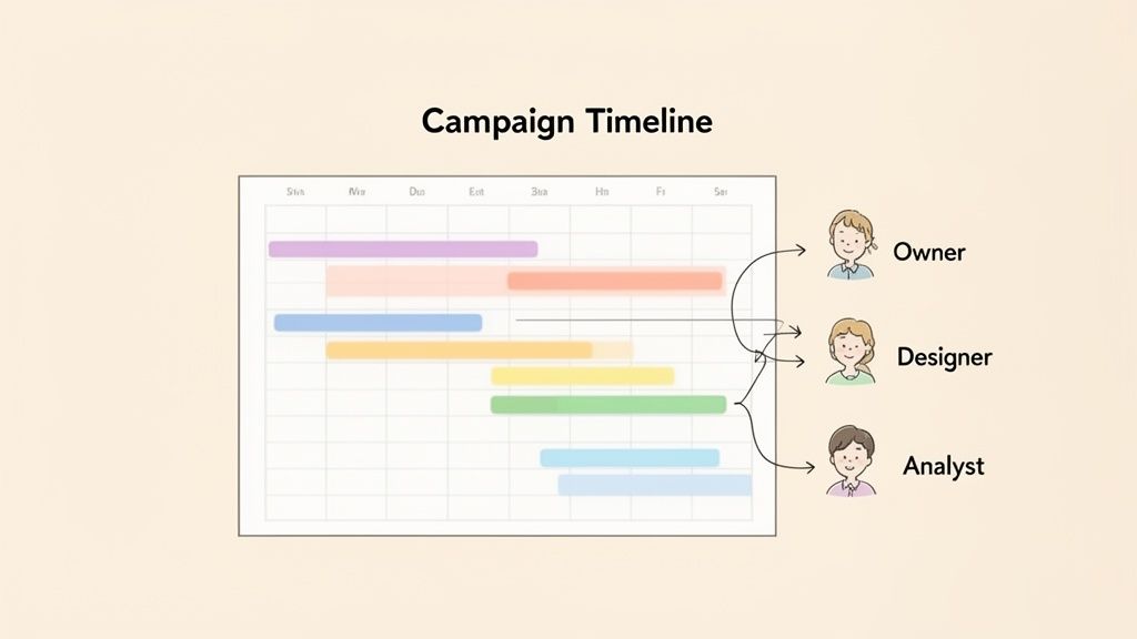 A campaign timeline chart showing tasks assigned to an Owner, Designer, and Analyst across a weekly schedule.