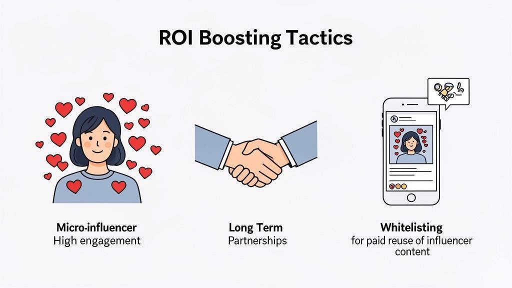 An infographic detailing three ROI boosting tactics for the ROI of influencer marketing: micro-influencers, long-term partnerships, and content whitelisting.