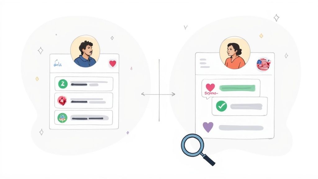 Illustration of two user profiles with criteria, possibly for matching pet product influencers in the USA.