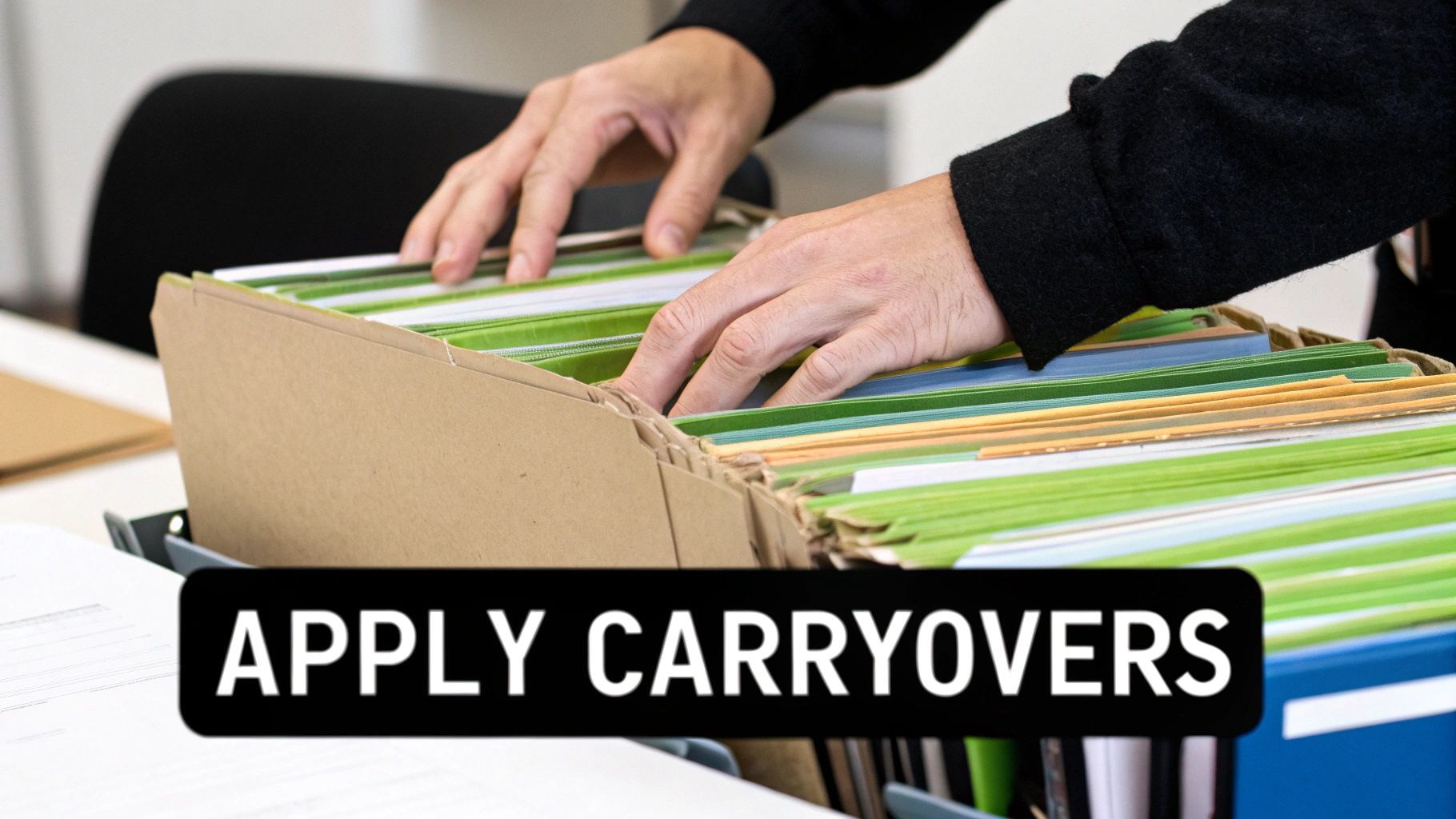 Close-up of hands sorting through multi-colored files in a file box, with a text overlay 'APPLY CARRYOVERS'.