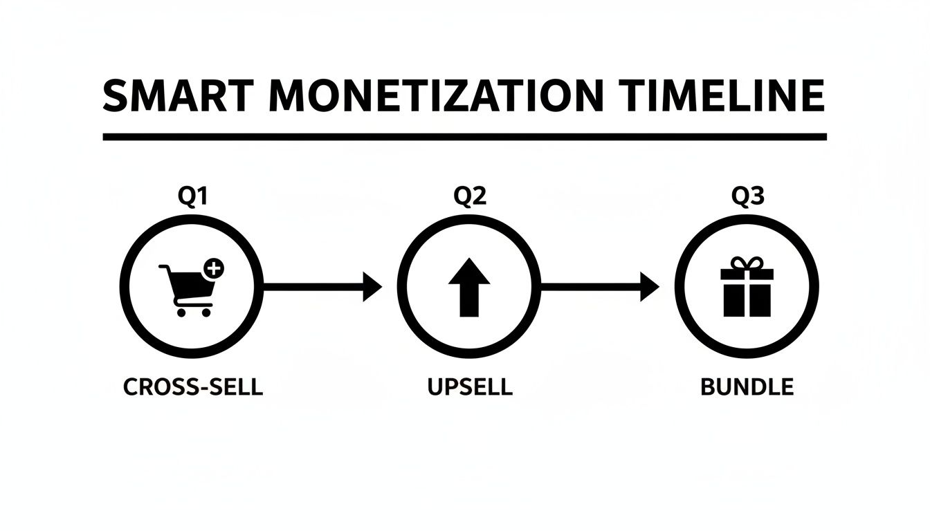 Smart monetization timeline showing Q1 cross-sell, Q2 upsell, and Q3 bundle strategies for growth.