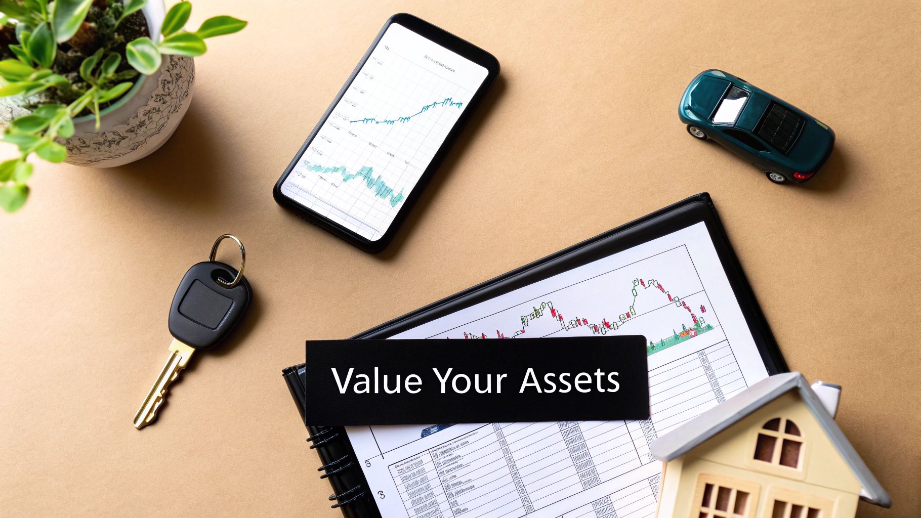 Flat lay: phone showing stock chart, car key, model house, financial document, and 'Value Your Assets' message.