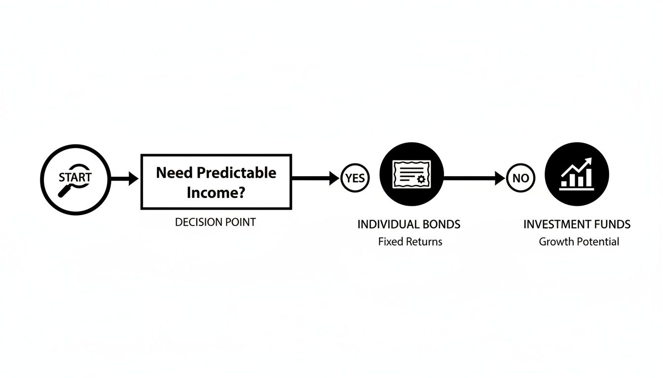 A flowchart illustrating investment choices: individual bonds for predictable income, or investment funds for growth potential.