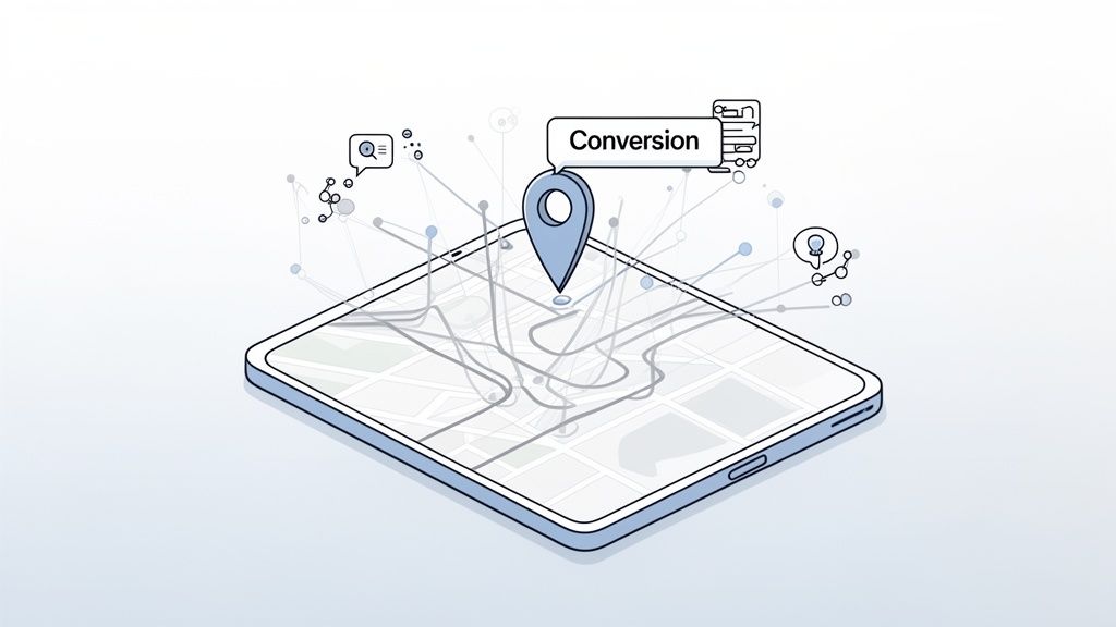 Digital map on a smartphone showing a conversion location pin and surrounding data analytics.