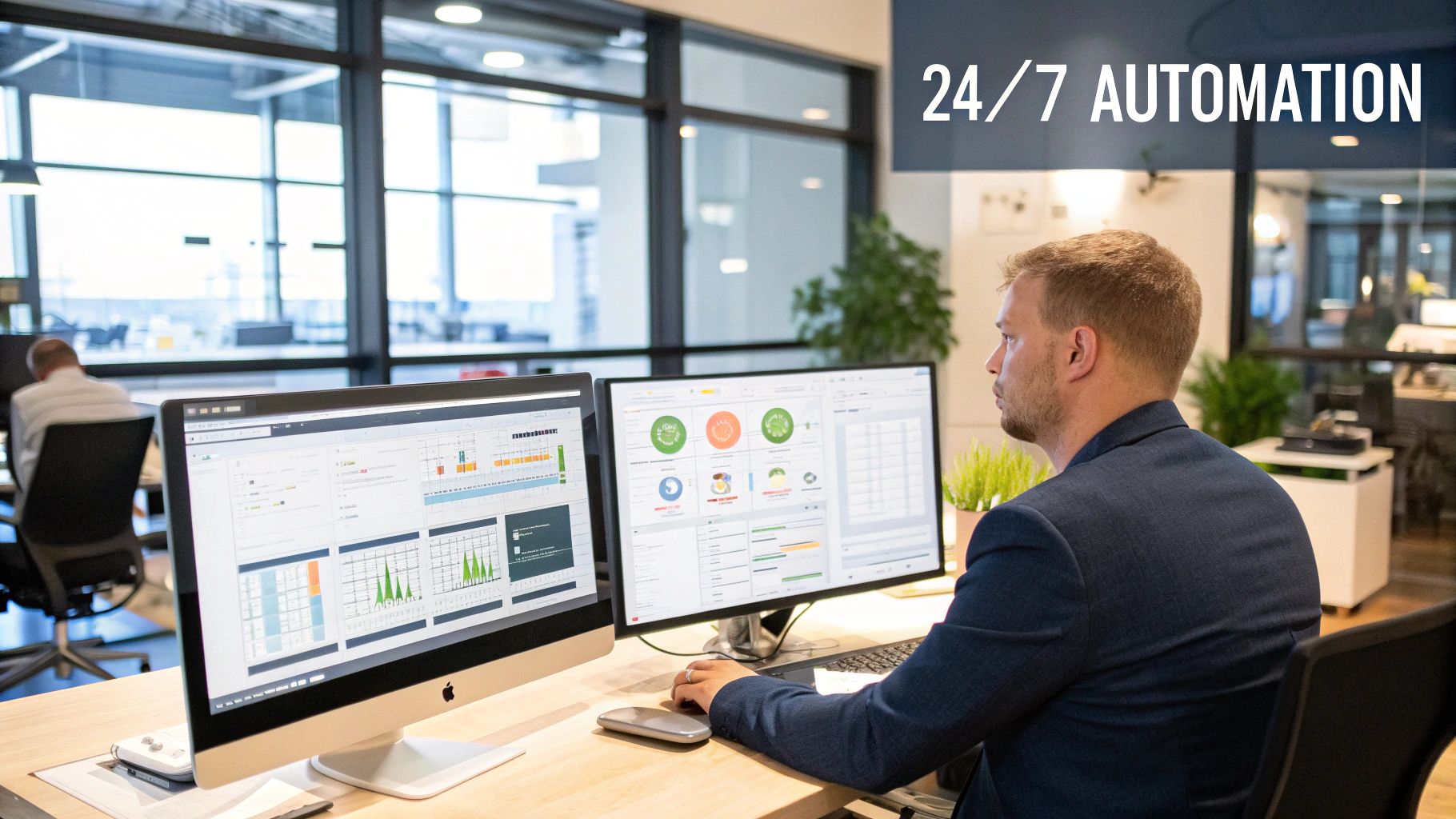 A marketing agency team collaborating around a desk with laptops and charts, illustrating strategic planning.