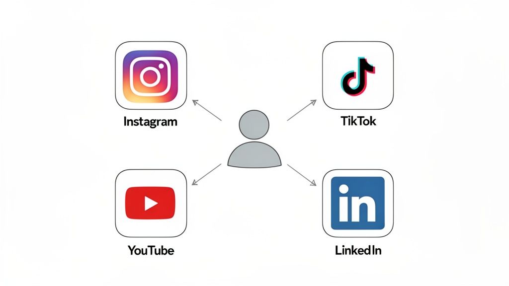 Diagram illustrating a user connected to multiple social media platforms: Instagram, TikTok, YouTube, and LinkedIn.