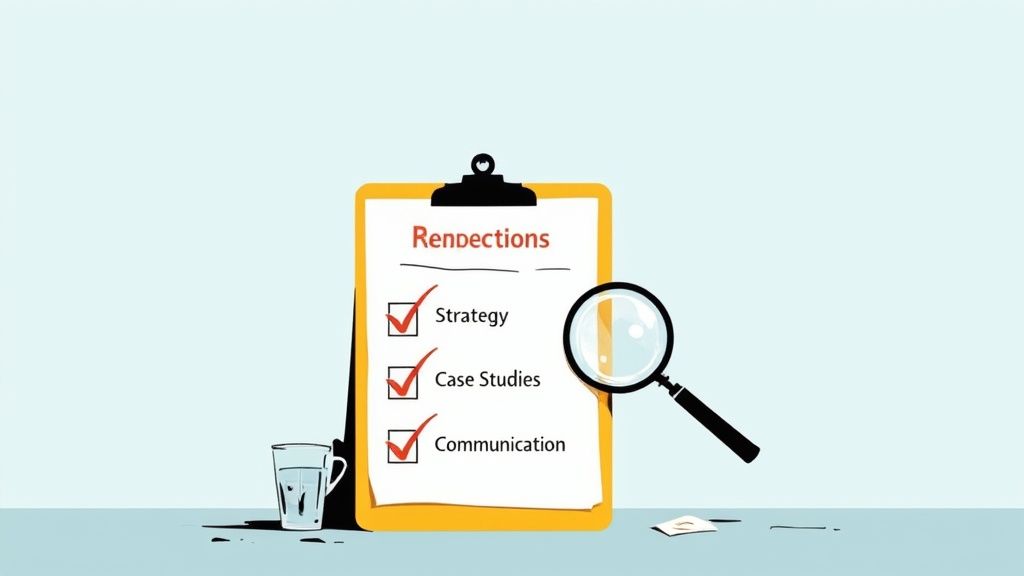 Clipboard with marketing connections checklist showing strategy, case studies, and communication with magnifying glass