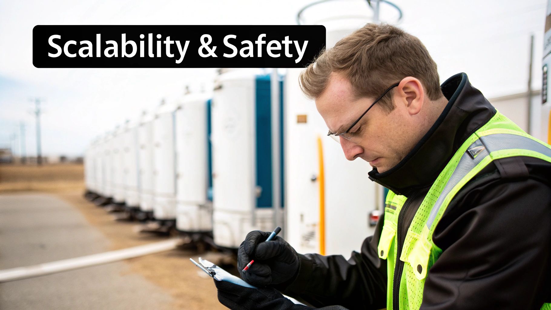 A man in a safety vest and glasses writing on a clipboard, with industrial tanks in the background, text 'Scalability & Safety'.
