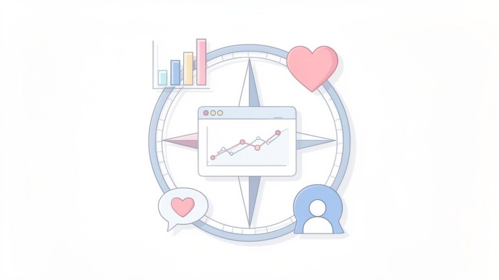 Digital marketing compass with data charts, hearts, and user icon for social media insights.