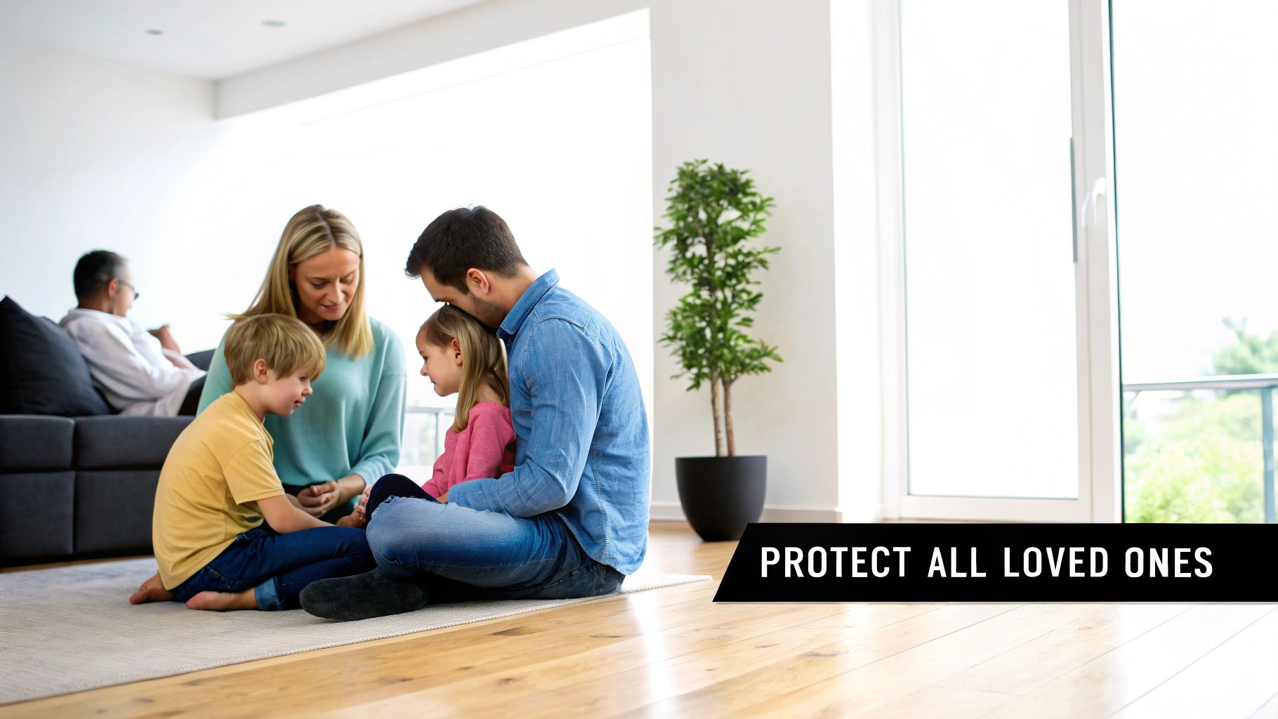 A multi-generational family with parents, two children, and an older person, enjoying time together at home.