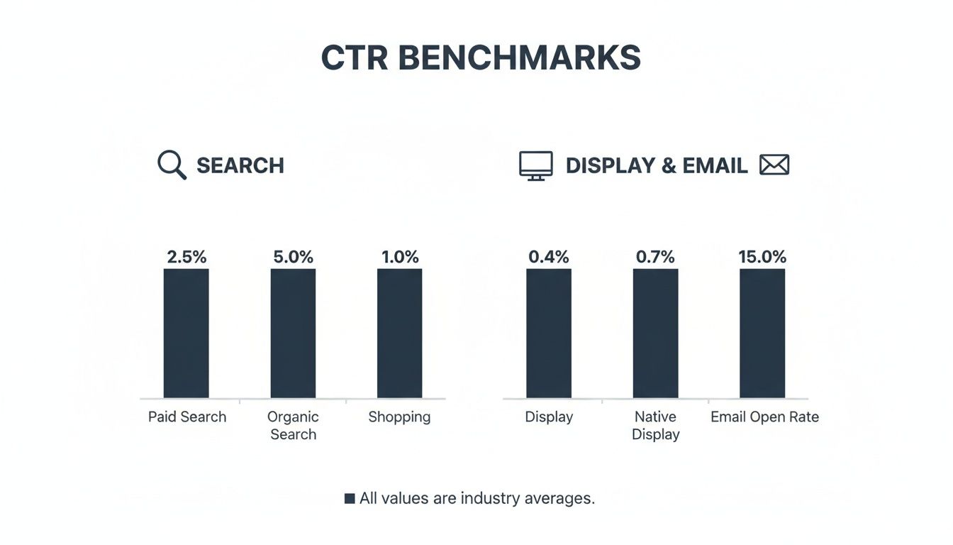 Bar chart displaying industry average Click-Through Rate benchmarks across various marketing channels including search, display, and email.