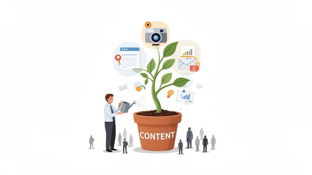 A man waters a plant labeled 'CONTENT' from which various media icons grow, symbolizing content marketing.