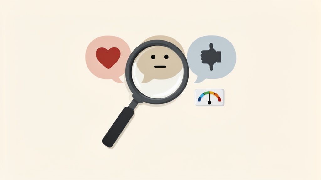 Magnifying glass examining sentiment: heart, thumbs down, and a neutral face with a feedback meter.