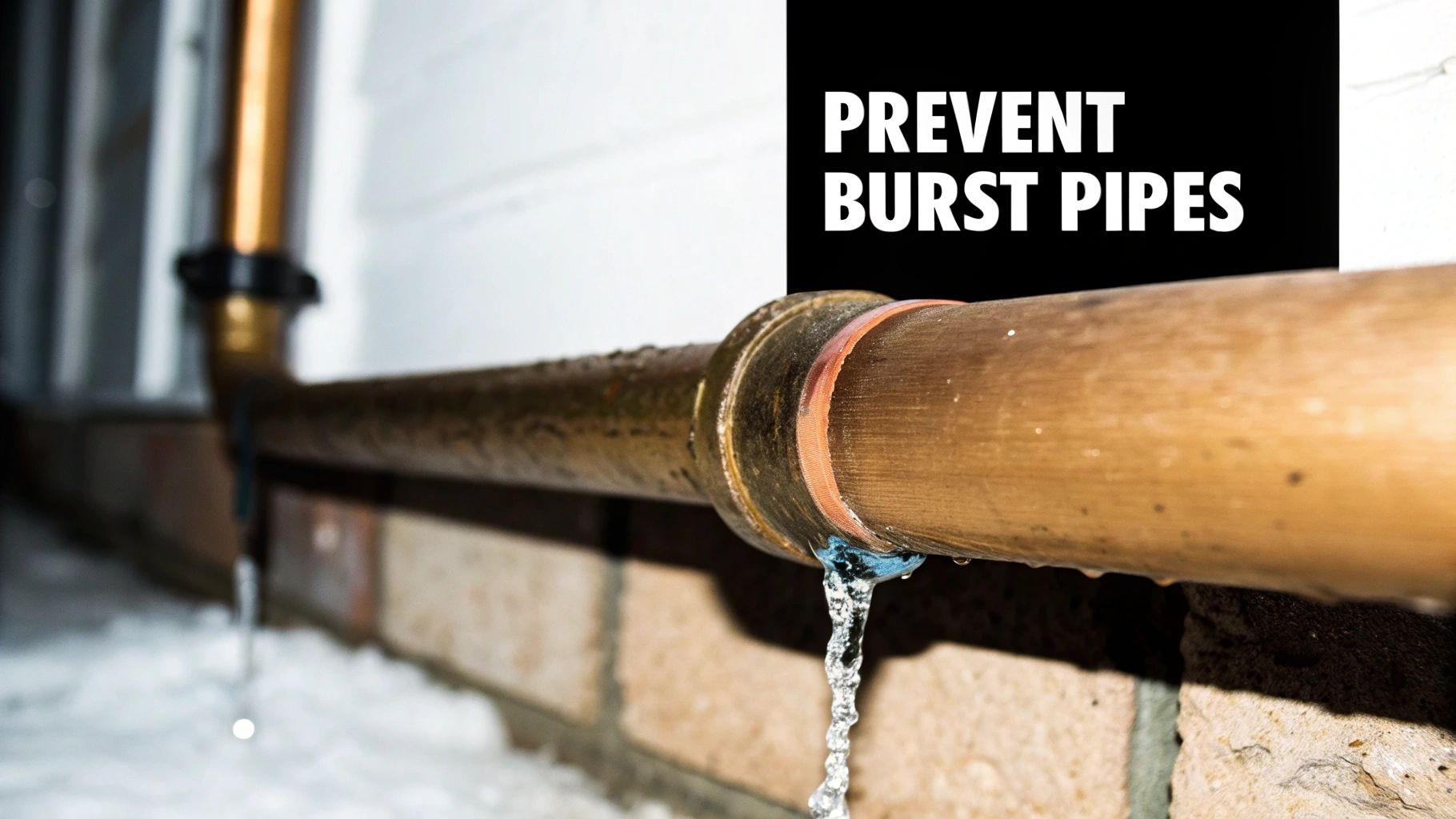 A frozen pipe with ice forming around it, showing the risk of bursting.