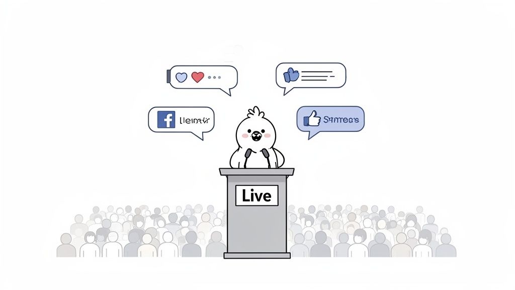 Cartoon bird character on a podium doing a live broadcast, with social media reactions and likes floating above.