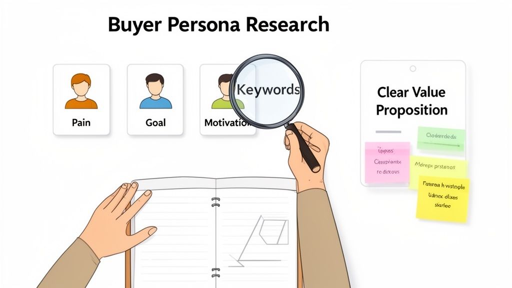 Illustration of buyer persona research process, covering pain, goal, motivation, keywords, and value proposition.