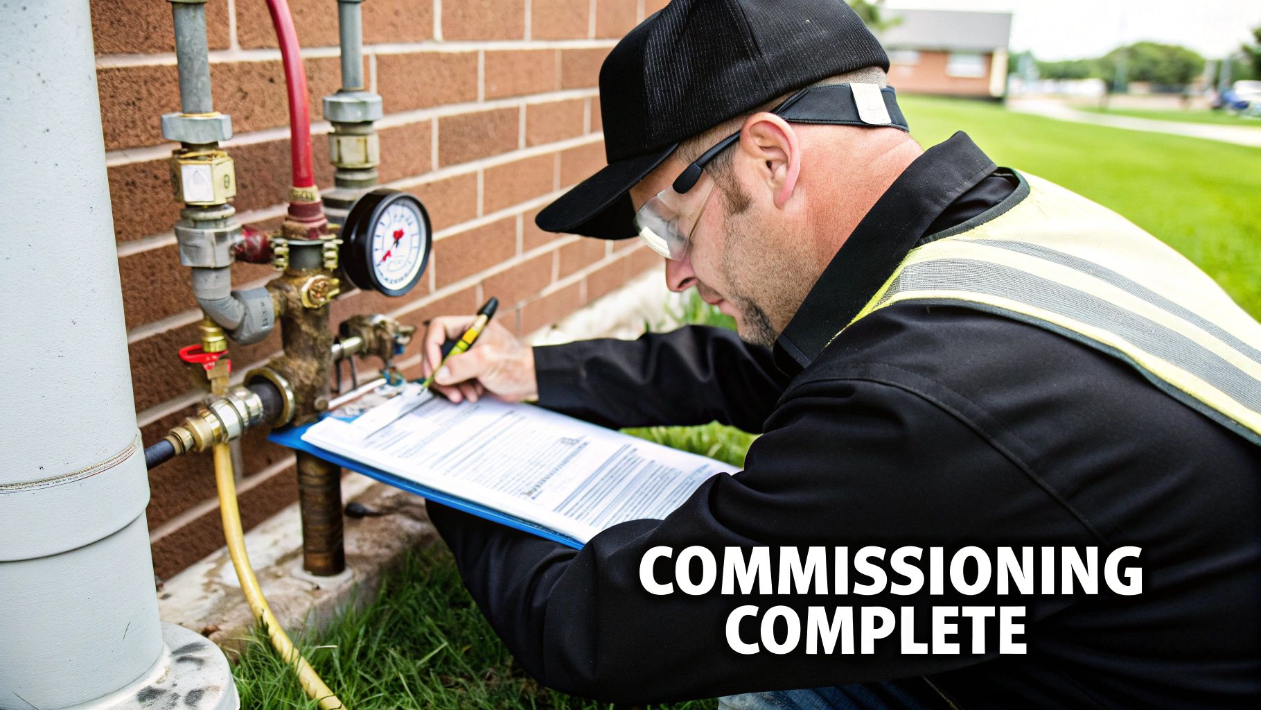 A technician in safety gear inspects and documents a pipe system with a pressure gauge, marking 'Commissioning Complete'.