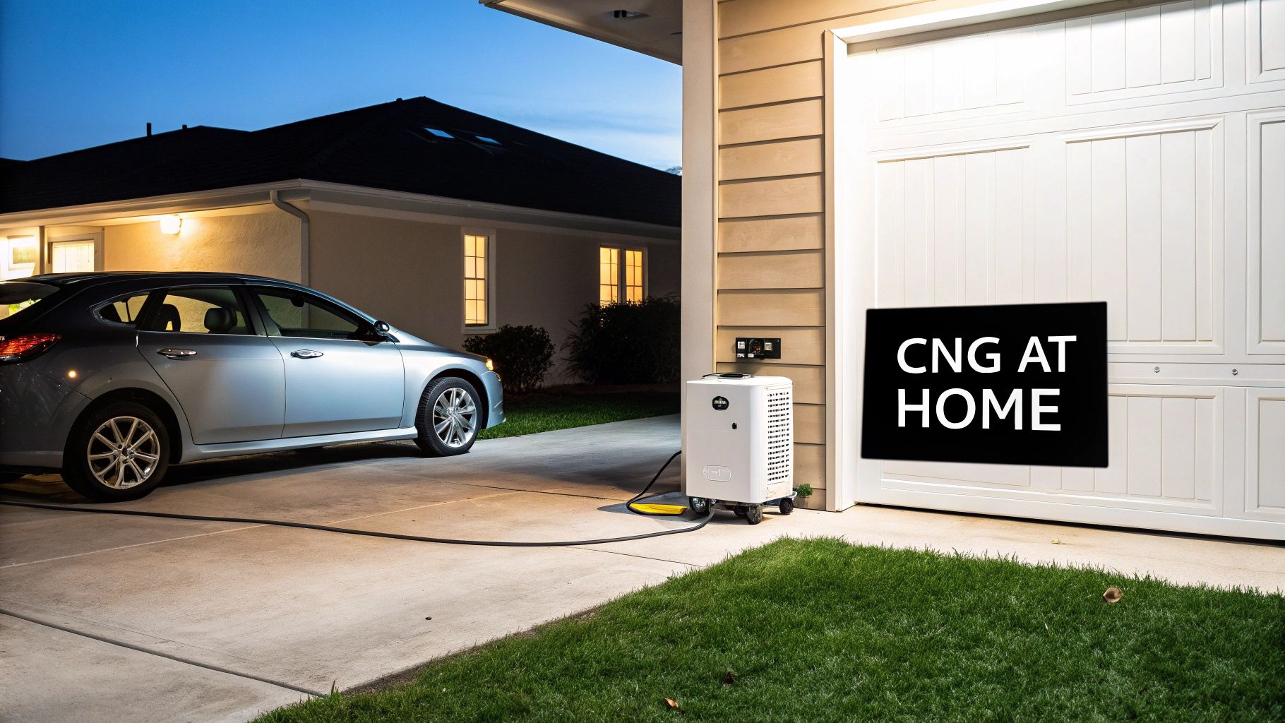 A silver car is connected to a home CNG filling station on a driveway at dusk.