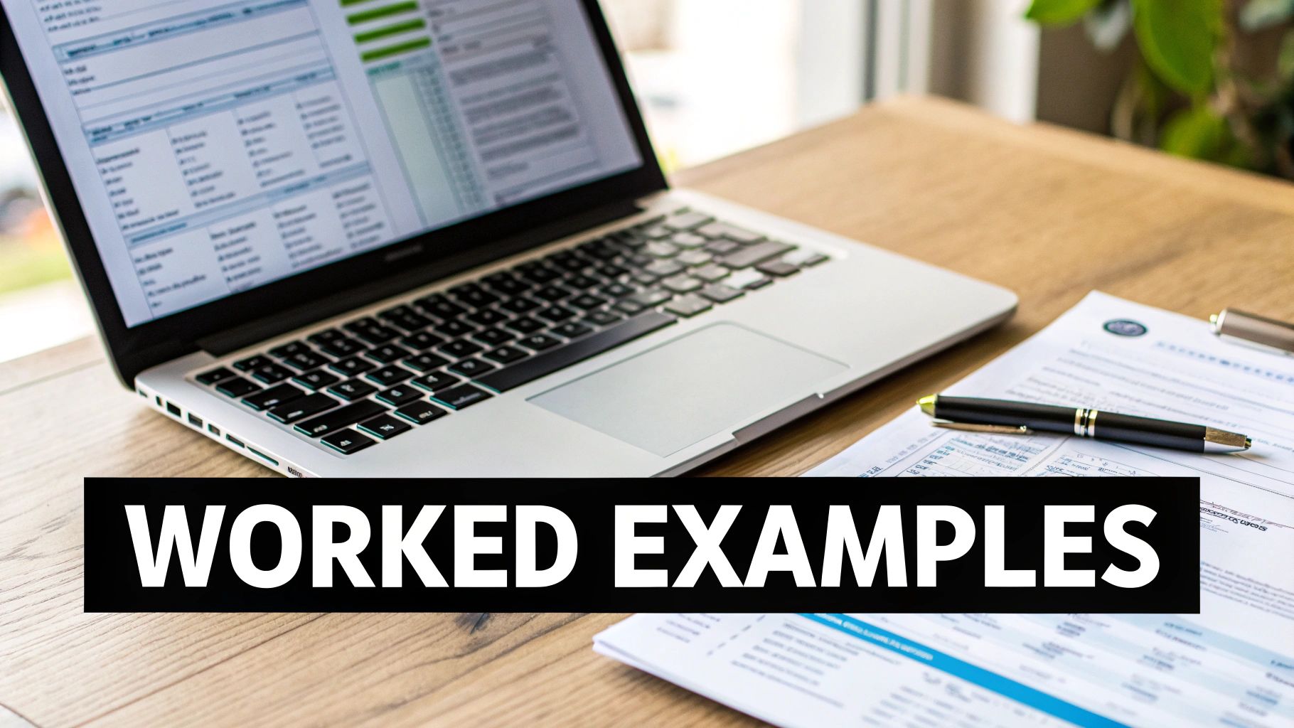 A laptop and documents with a pen on a wooden desk, featuring 'WORKED EXAMPLES' text.