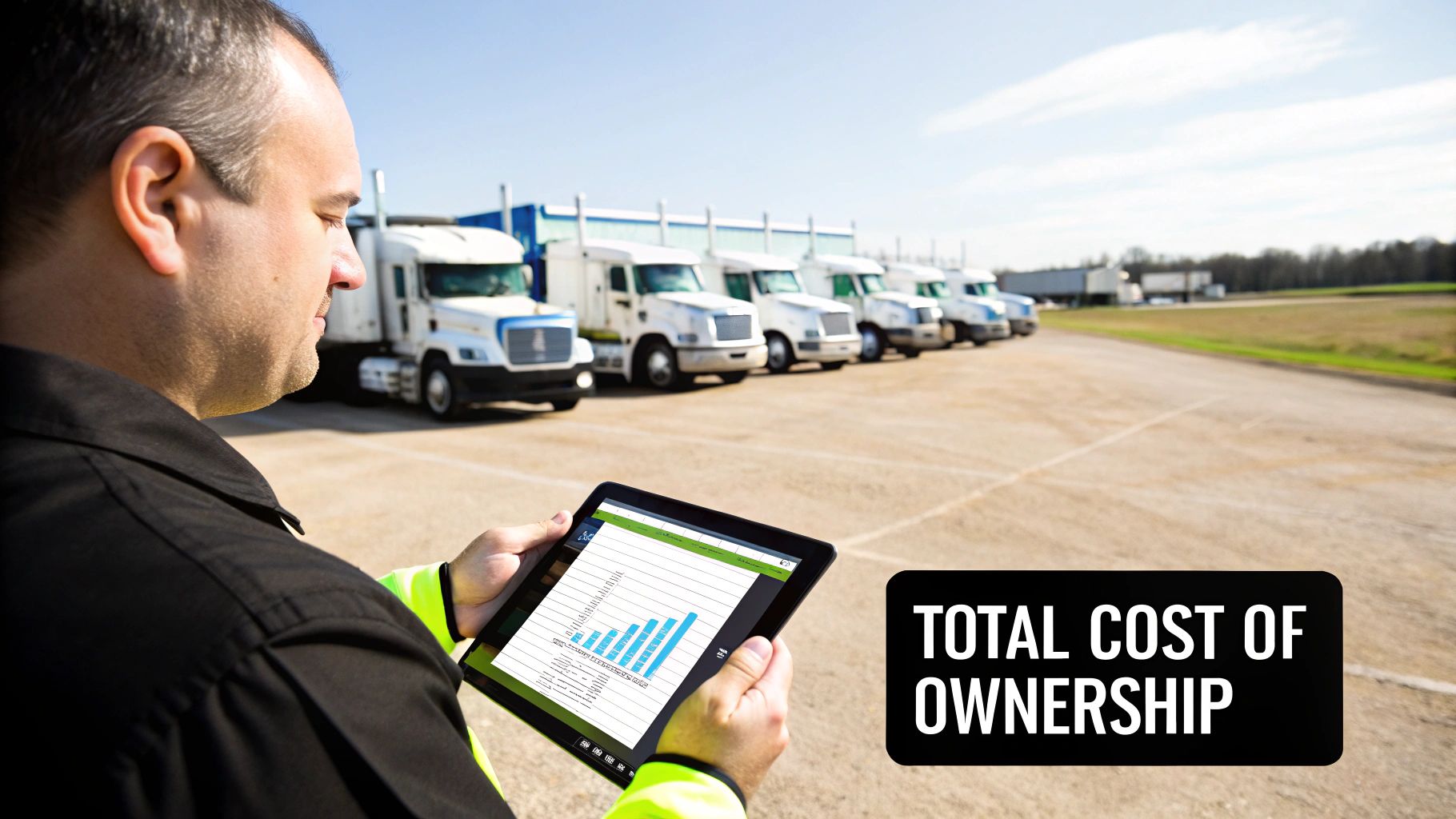 Man viewing a tablet with a chart, standing in front of a fleet of white semi-trucks, calculating "TOTAL COST OF OWNERSHIP".