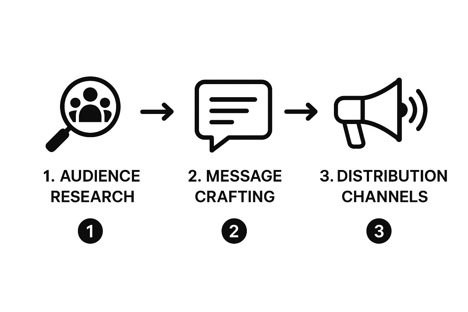 Infographic showing a three-step process flow: 1. Audience Research, 2. Message Crafting, 3. Distribution Channels.
