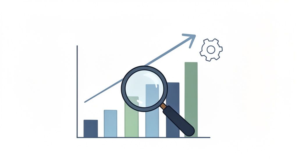 Growth chart with magnifying glass, upward trend, and gear icon for data analysis and improvement.