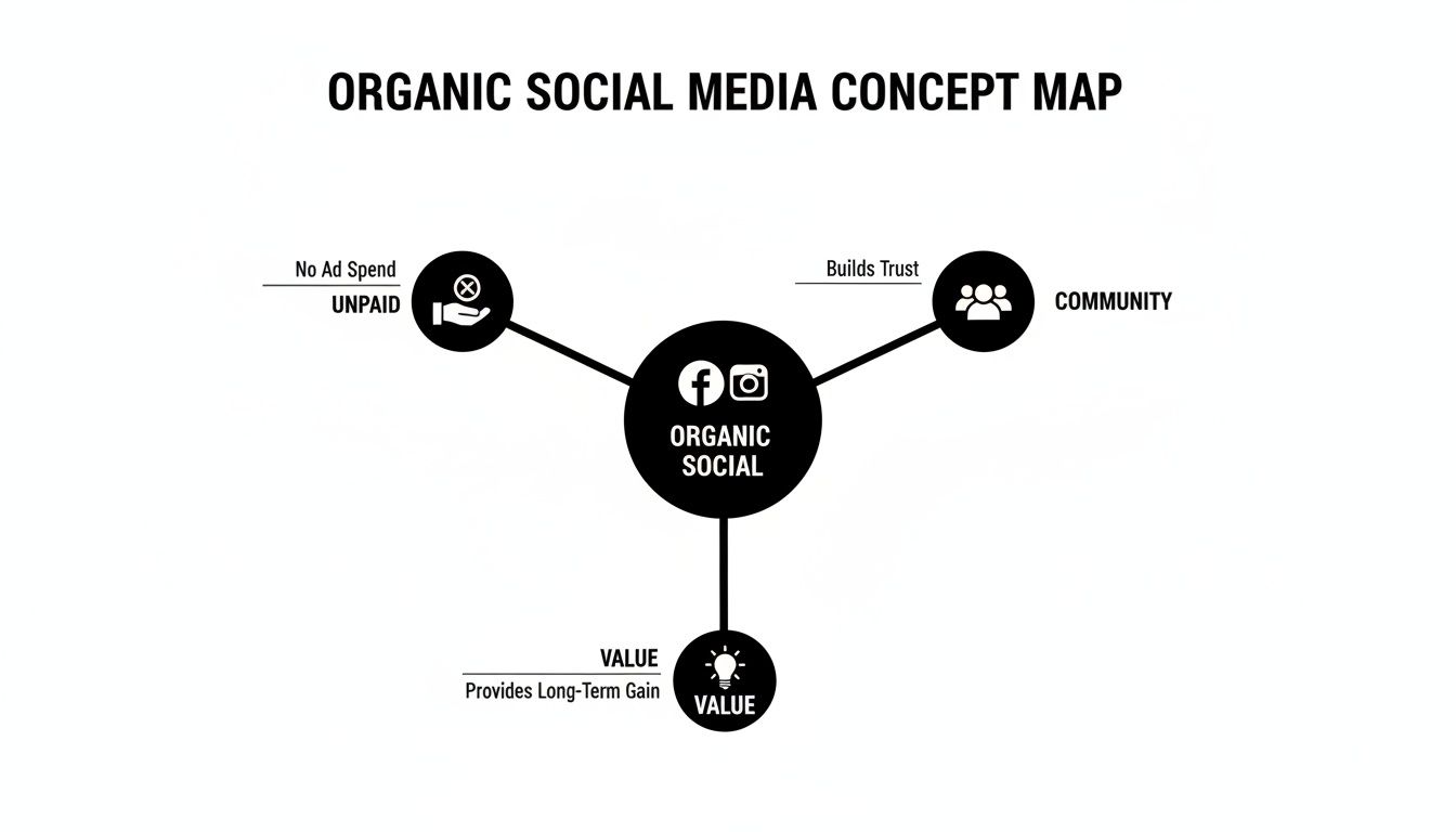 A concept map illustrating organic social media, highlighting its unpaid nature, community building, and long-term value.