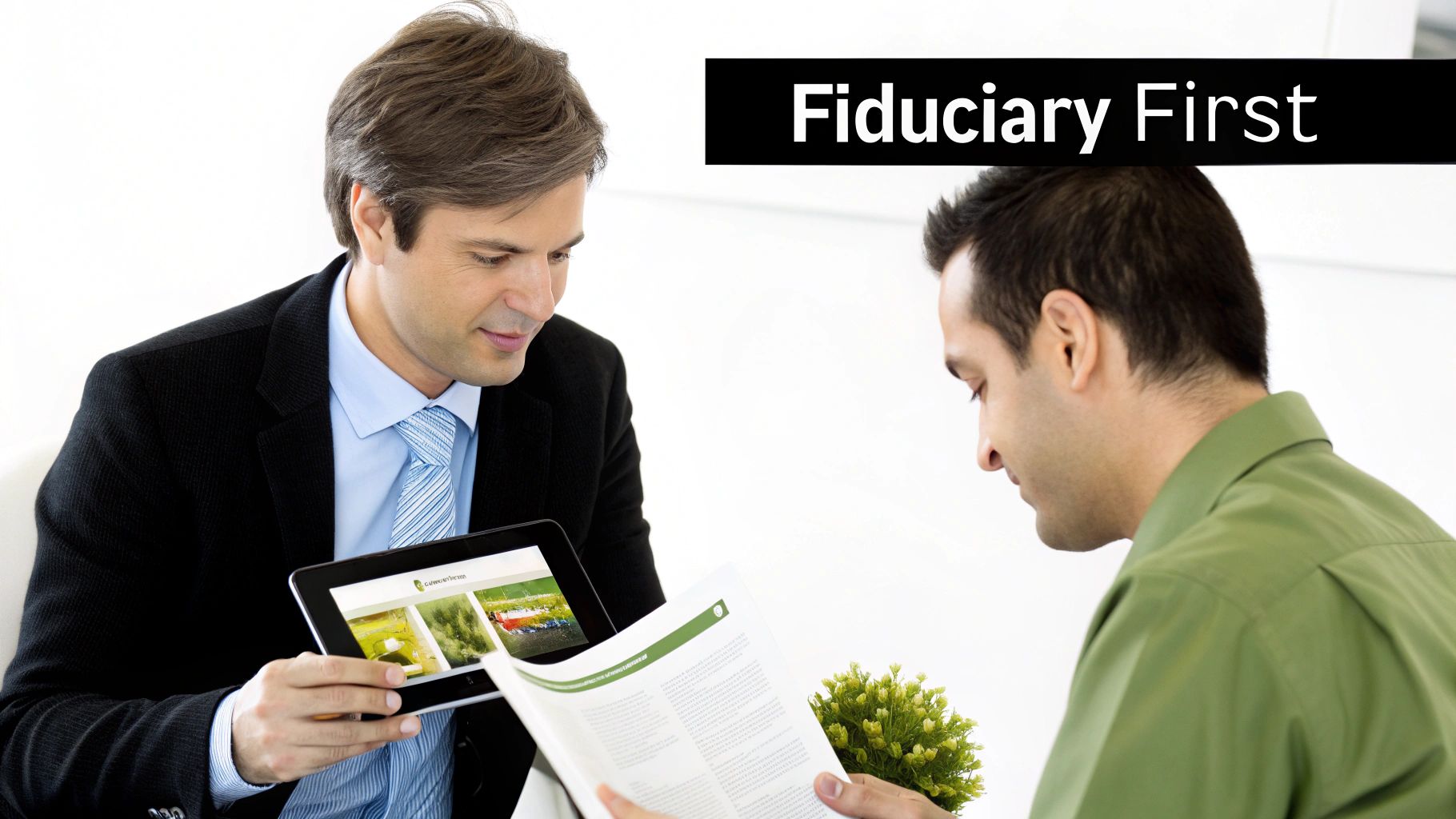 A financial advisor shows a client information on a tablet and document, with text 'Fiduciary First'.