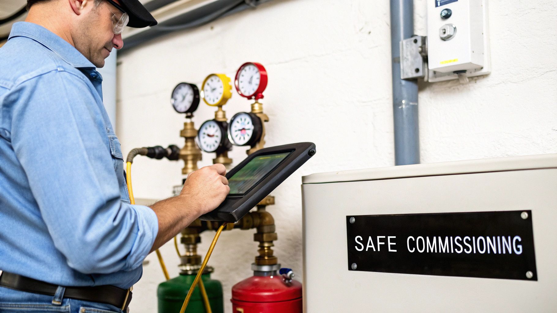 A technician in safety gear operates a tablet to monitor industrial gauges and "SAFE COMMISSIONING" equipment.