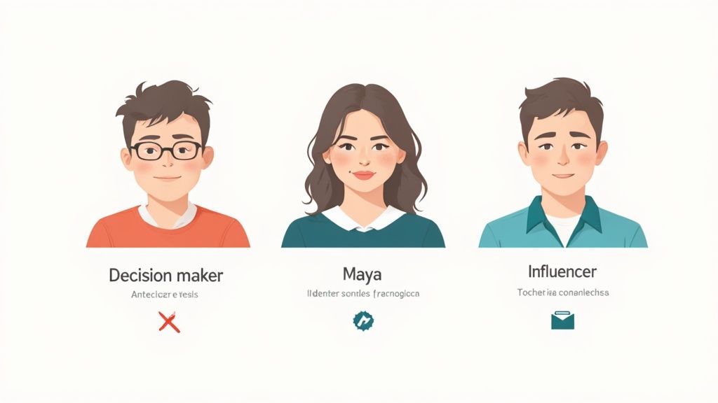 Three cartoon-style characters representing a decision maker, Maya, and an influencer with icons.