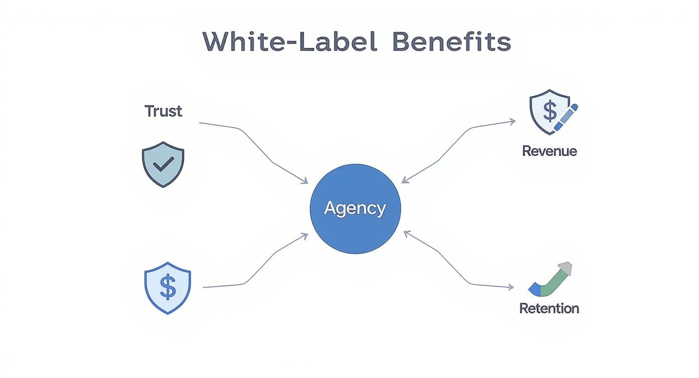 Diagram illustrating white-label benefits for agencies, including trust, revenue, and customer retention.