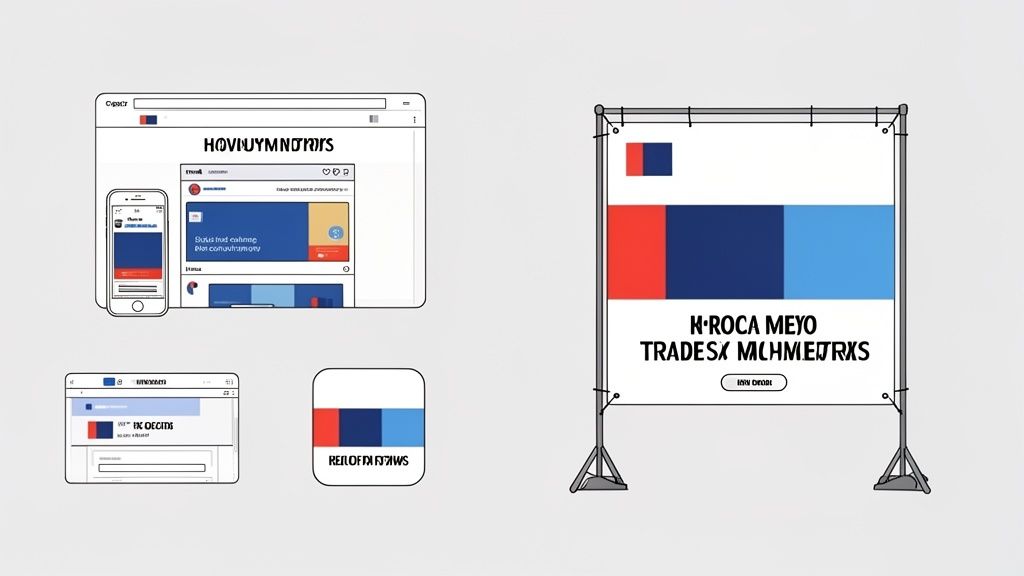 Digital and physical brand identity concepts displayed across various mockups, featuring a red, dark blue, and light blue color scheme.